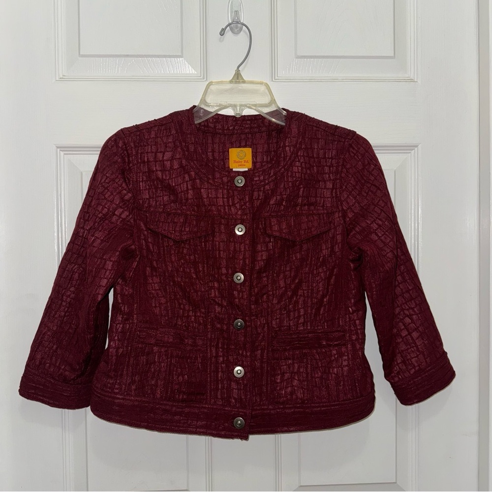 Ruby Rd. Deep Red Petite Crop Style Textured Button Up Denim Style Jacket - Picture 2 of 7